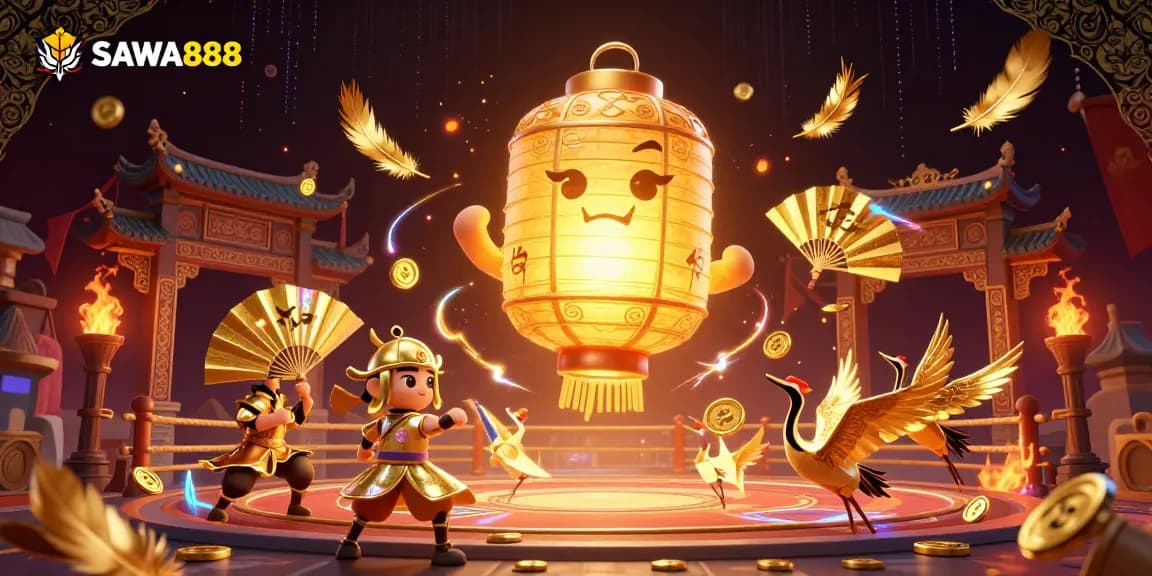Experience the excitement of SAWA888 at a vibrant night market casino filled with golden lanterns and betting symbols.