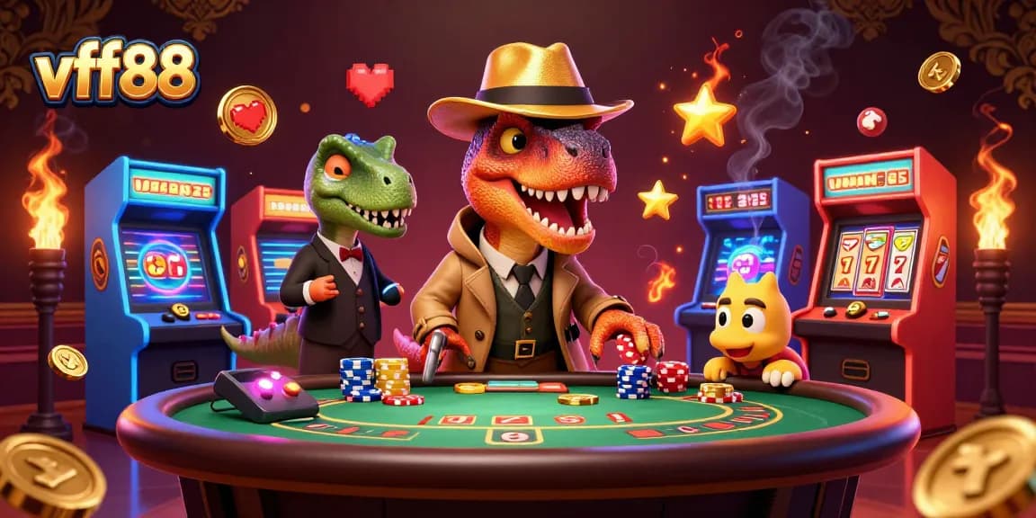 vff88 velociraptor card counter wins at a blackjack table among colorful gaming elements