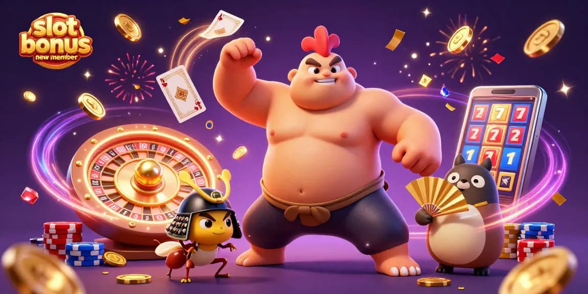 Claim your slot bonus new member reward with a thrilling casino scene of vibrant 3D characters.