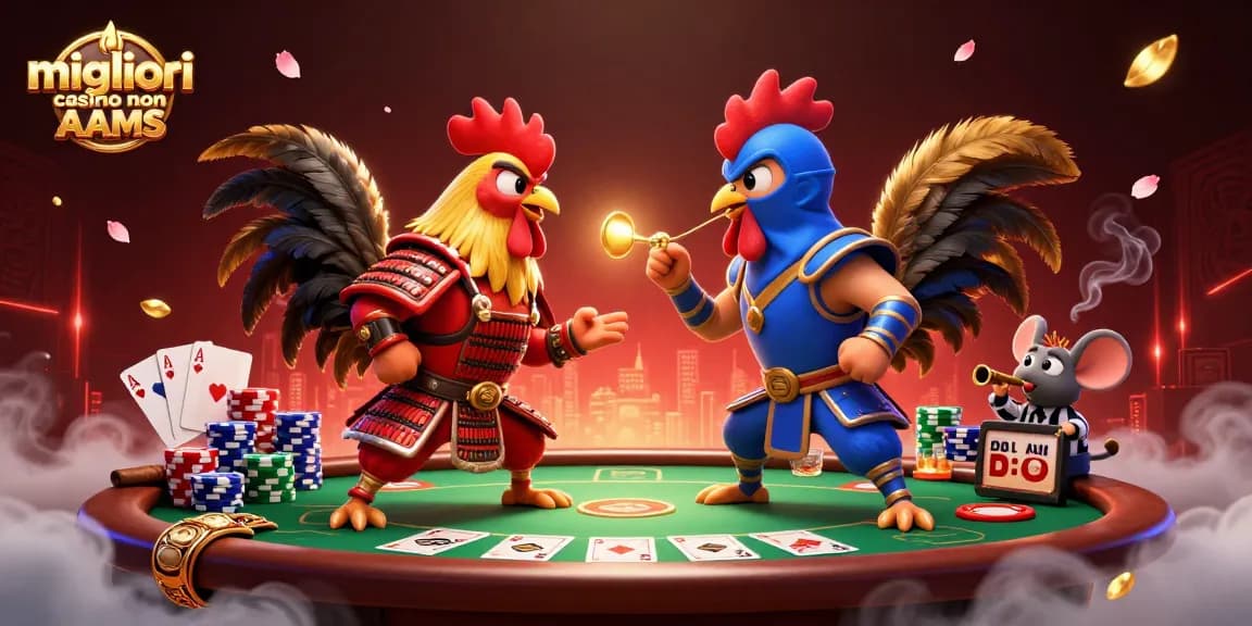 Illustrazione accattivante che mostra migliori casino non AAMS con galli cartoon in combattimento, circondati da elementi di poker vivaci.