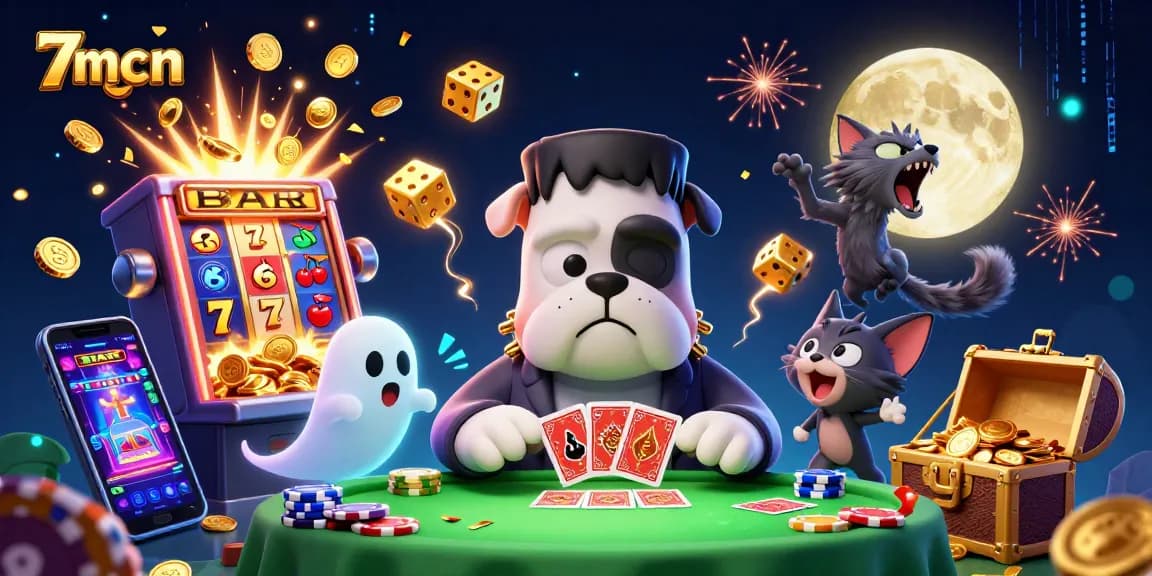 Experience thrilling 7mcn action with a Frankenstein bulldog dealer at a vibrant casino scene.