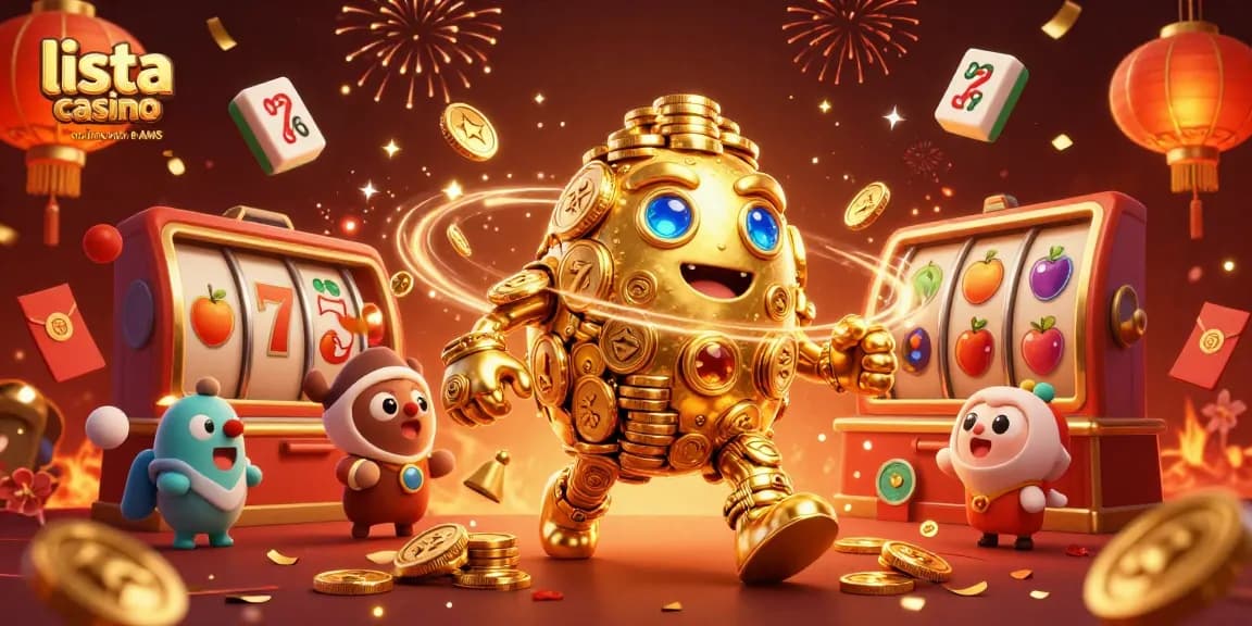 Illustrazione di un golem d'oro che rappresenta una lista casino online non AAMS con simboli di slot machine e decorazioni festose.