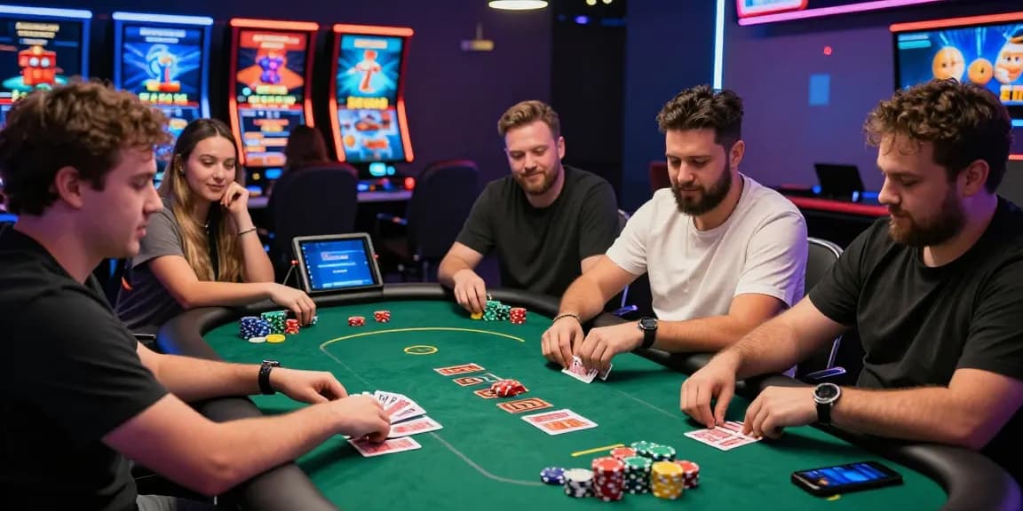 Excited players engaging at a vibrant online casinos Australia table, showcasing dynamic gaming atmosphere with poker cards and colorful chips.