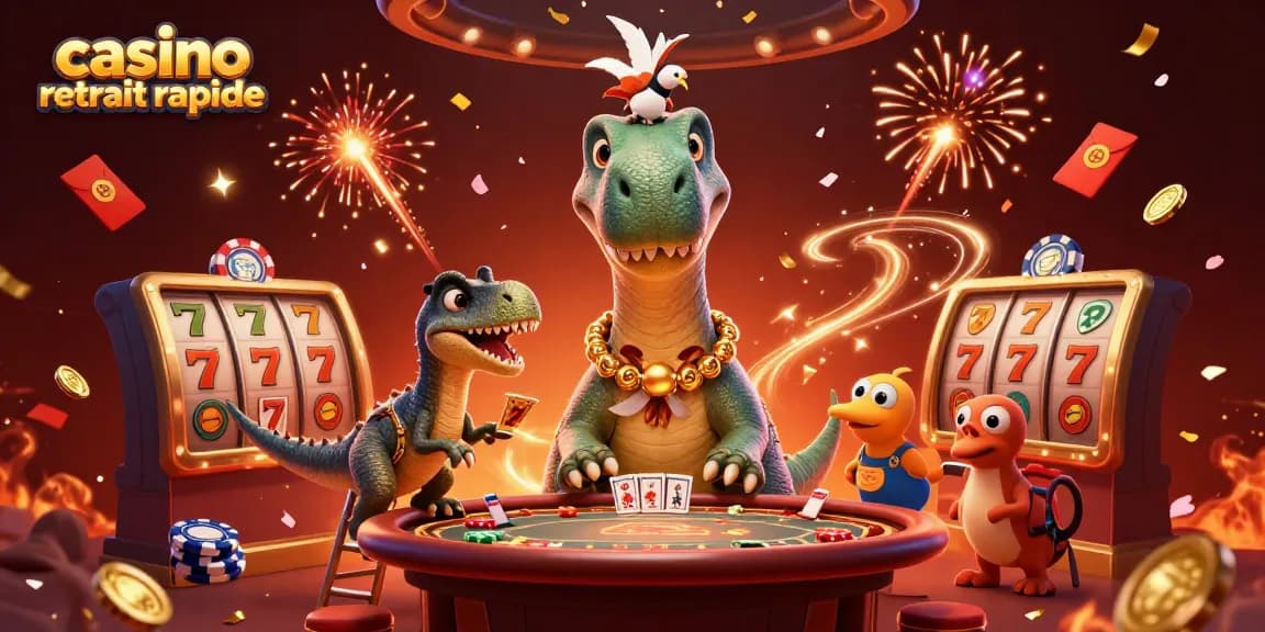 Action dans un casino avec retrait rapide où un brontosaurus observe un jeu de poker avec des éléments festifs inconsidérés.