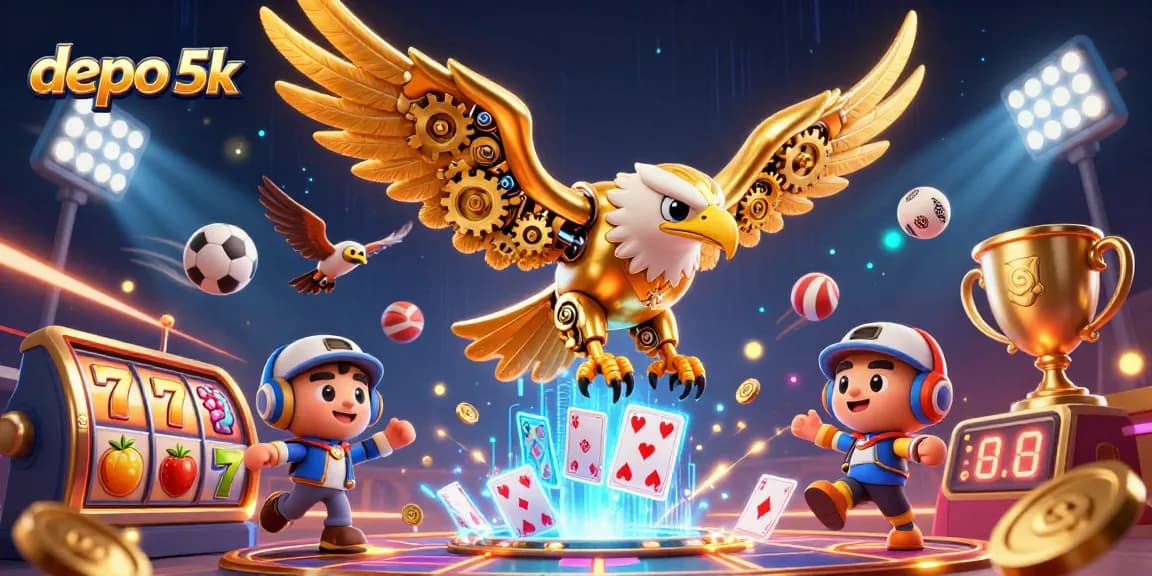 Dive into the excitement of depo 5k with a cybernetic eagle amidst a vibrant casino scene.