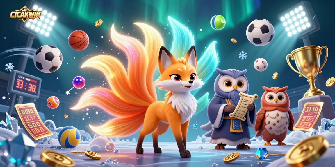 CICAKWIN showcases a vibrant casino scene with dynamic characters and game elements, highlighting betting excitement.