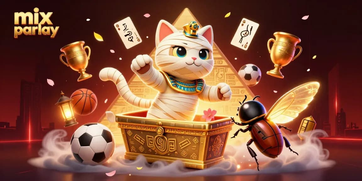Bet on exciting mix parlay opportunities with the Egyptian mummy cat in a vibrant casino scene.