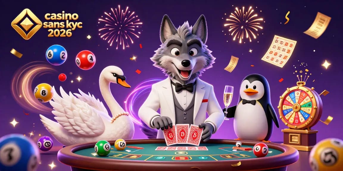 Gagnez au casino sans KYC 2026 avec des personnages animés autour d'une table de baccarat.