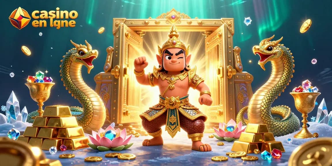 Engage in casino en ligne games with dynamic characters and treasure elements in a vibrant scene.