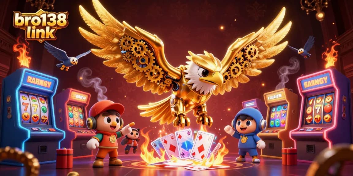 Engage with the thrilling bro138 link, showcasing a golden eagle diving through a cascade of playing cards and casino symbols.