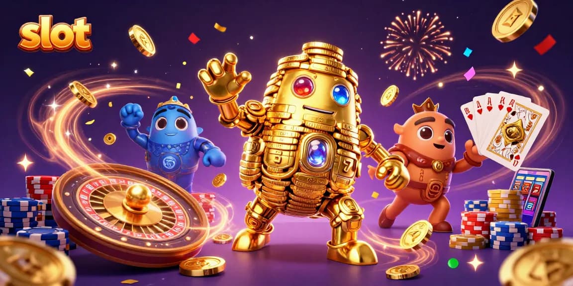 Menghentikan slot yang menawan dengan golem emas, koin mengalir dan efek cahaya yang spektakuler.