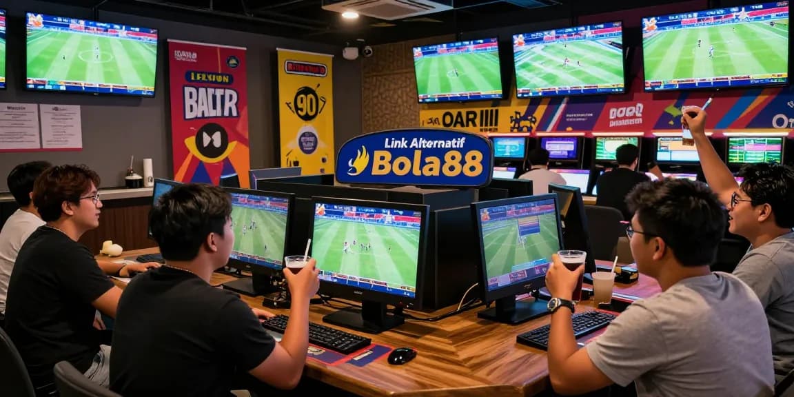 Interactive betting scene featuring Link Alternatif Bola88 with enthusiasts and live sports events.