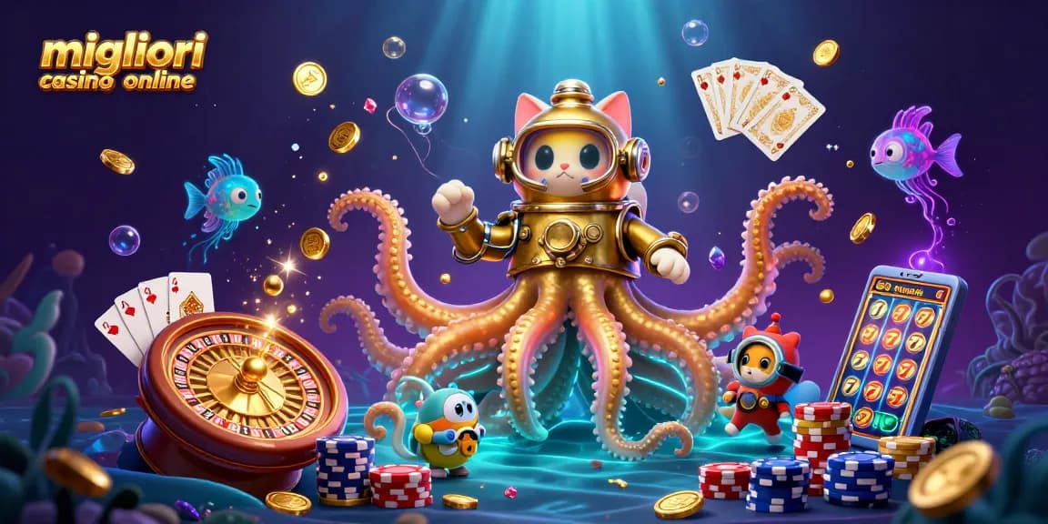 Scopri l'azione emozionante dei migliori casino online con un'illustrazione vivace che presenta un kraken, un gatto subacqueo e dinamici elementi di gioco.