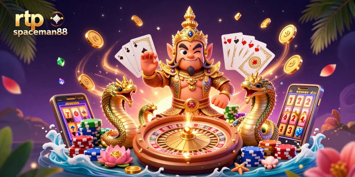 Experience thrilling action with rtp spaceman88 as golden coins and poker elements burst around playful guardians.