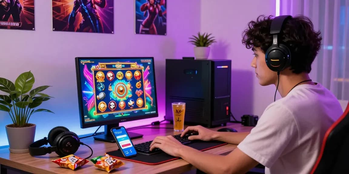 Engaging online gaming setup showcasing deposit pulsa tanpa potongan, vibrant game graphics, and a focused player.