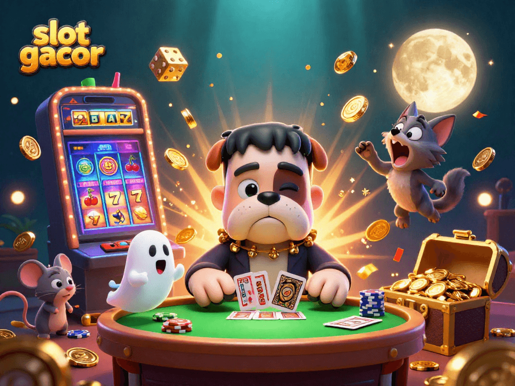 Experience exciting slot gacor visuals with a fantastical casino scene featuring unique characters and vibrant elements.