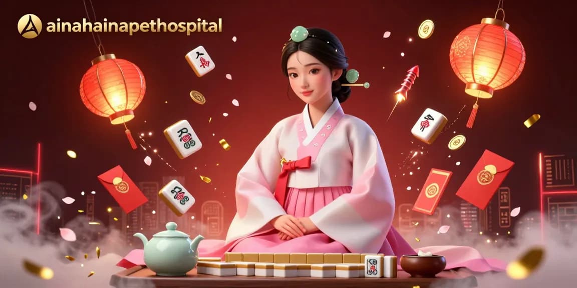 Aina Haina Pet Hospital showcases players winning at Mahjong and traditional games with vibrant elements.