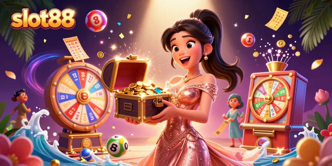 Experience slot88 excitement with a stunning treasure chest overflowing with winnings and colorful gaming elements.