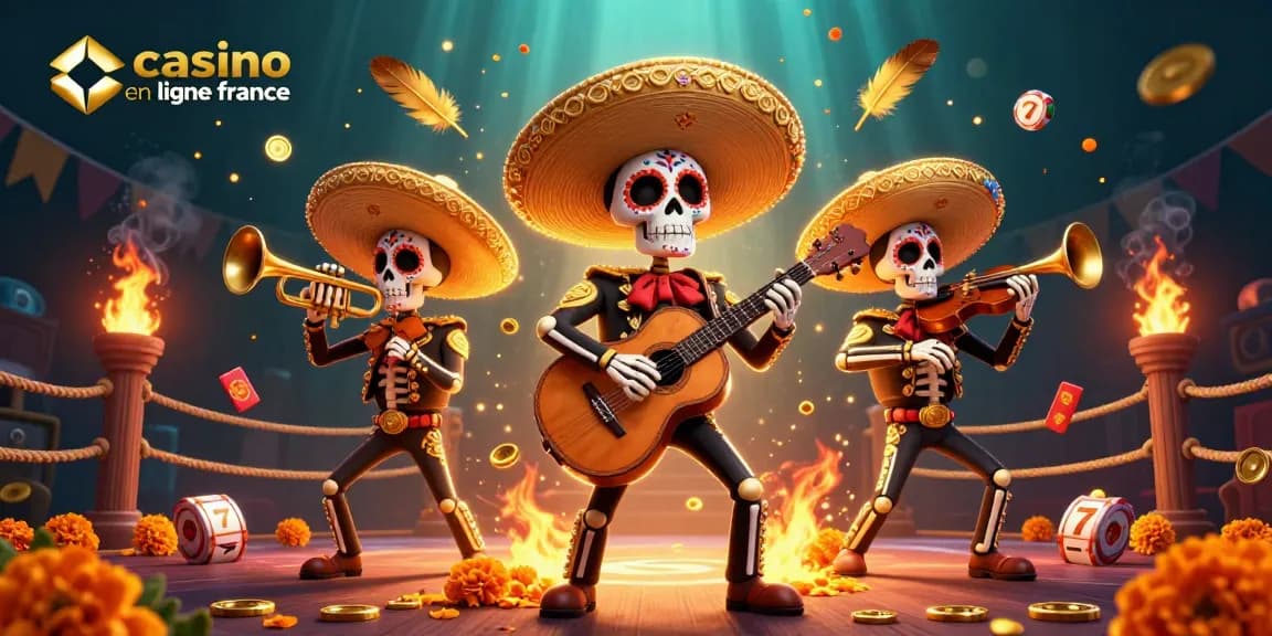 Jouez dans un casino en ligne France avec des animations colorées de sombreros et de jetons d'or.