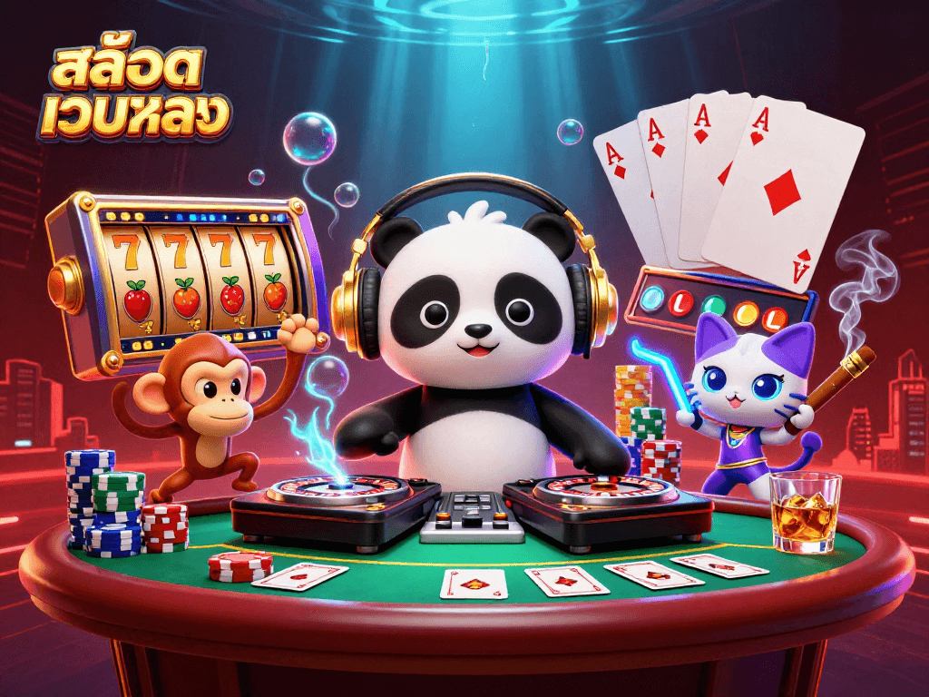 Experience thrilling gameplay with สล็อตเว็บตรง as a DJ panda spins slots and friends dance at a vibrant casino party.