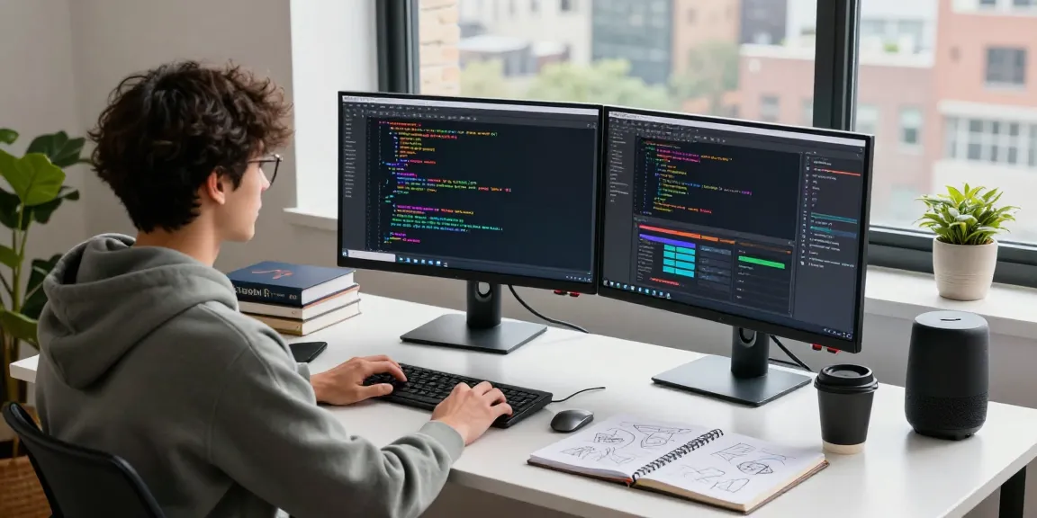 Developer working with dual monitors in a bright workspace at telegramin-cn.com, showcasing coding and design.