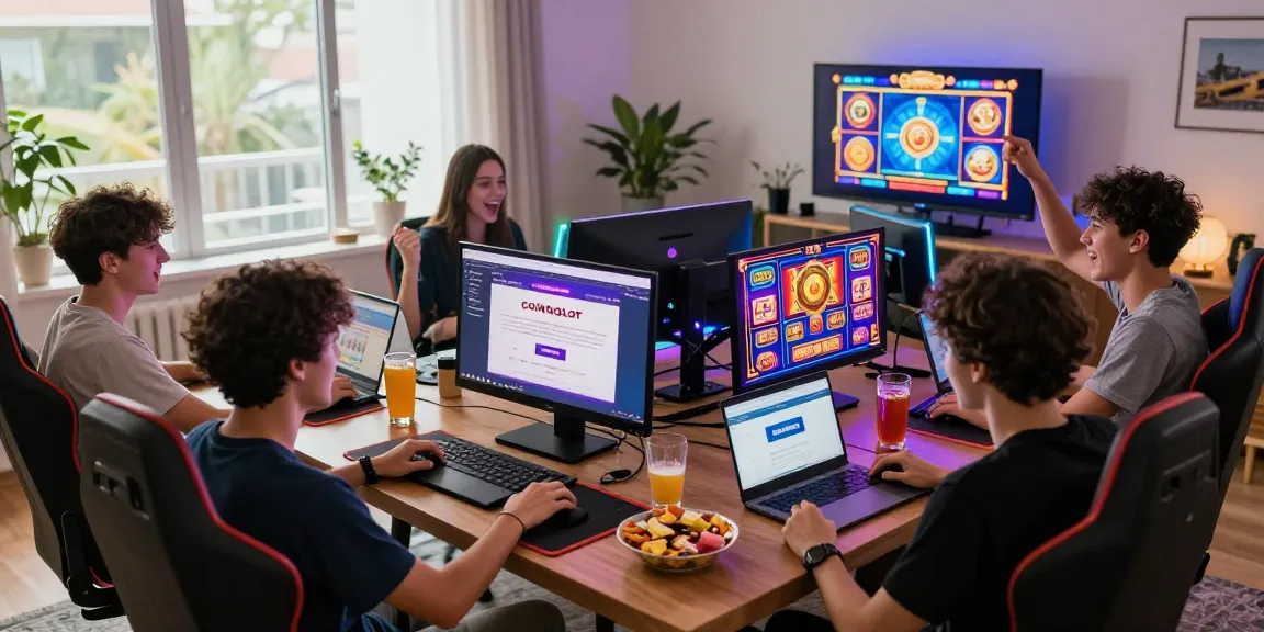 Players enjoying info slot games with cashback offers at home, vibrant atmosphere and cheering moments.