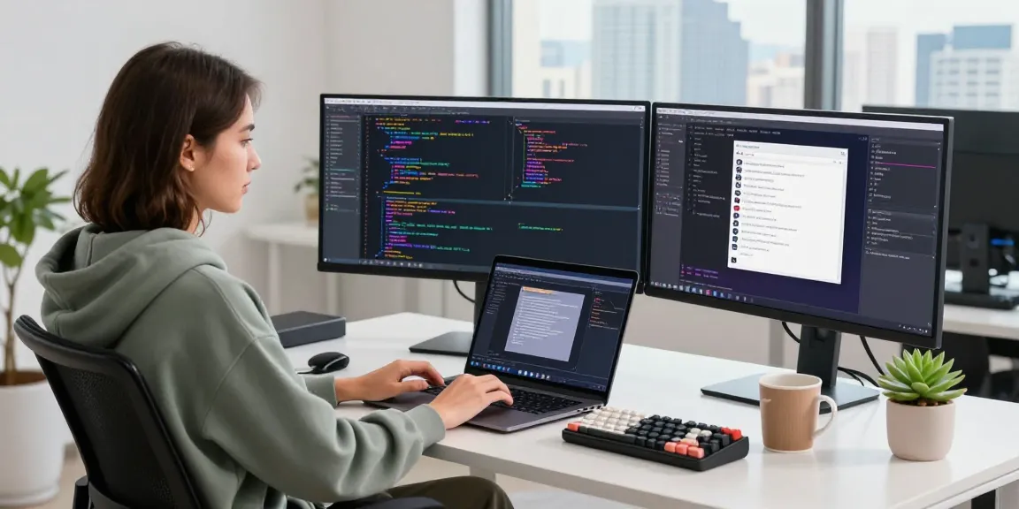 Young female coder at modern workspace, using 纸飞机中文版 for coding projects.