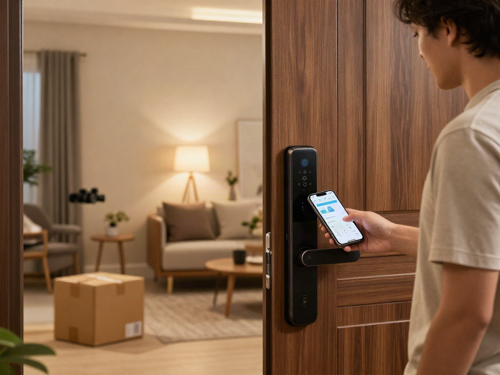 خرید قفل هوشمند - Modern smart lock in stylish home setting with user engaging via smartphone.
