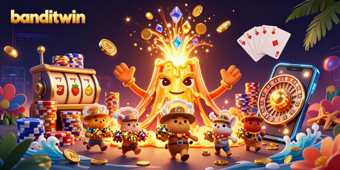 Banditwin menampilkan mesin slot dan harta karun dengan latar belakang kasino yang memukau.