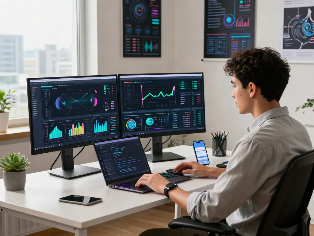 AI Detector software in a modern tech workspace with data analysis displays.