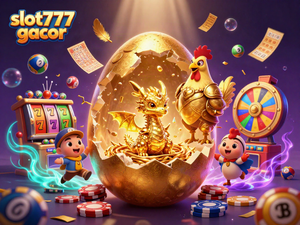 Experience the excitement of slot777 gacor with a golden egg revealing a treasure-filled dragon.