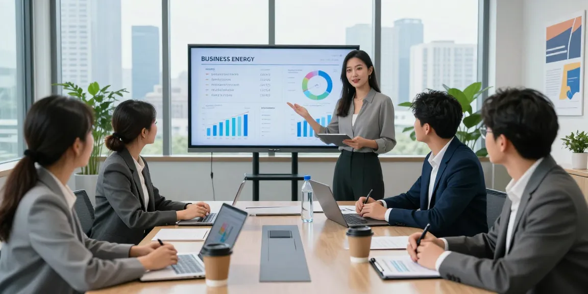 Team discussing business energy quotes in a modern office meeting room with data presentations.