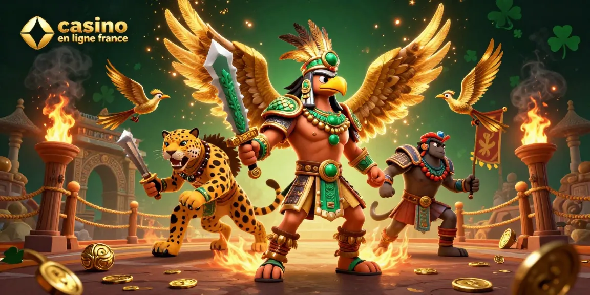 Interagissez avec l'atmosphère dynamique du casino en ligne France mettant en vedette un guerrier aztèque et des éléments de jeu.
