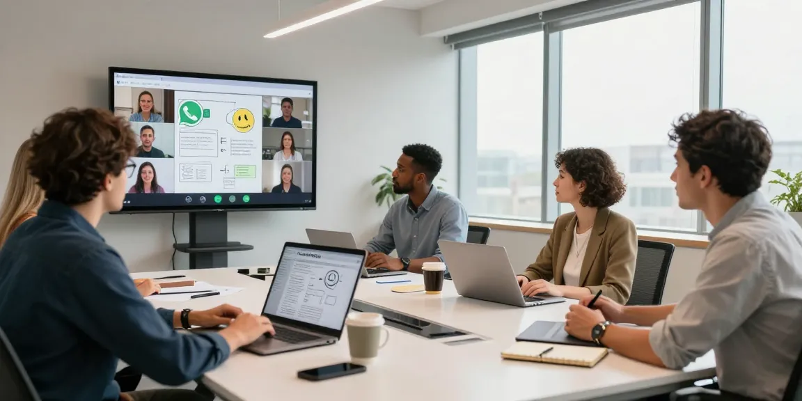 Collaborative team discussing WhatsApp網頁版 in a modern office setting