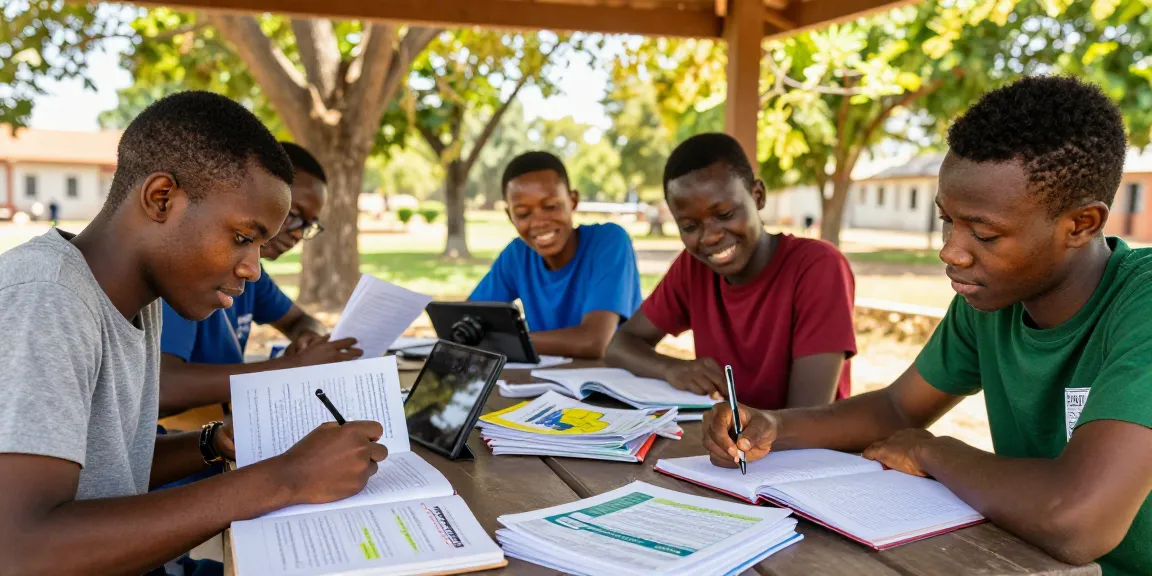 Students collaborating outdoors for the 2026 waec expo, studying notes and materials in a vibrant park setting.