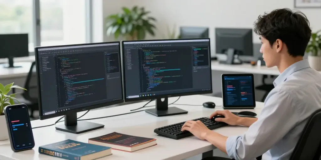 Developer at h5.2113.net coding in a modern workspace with multiple screens.