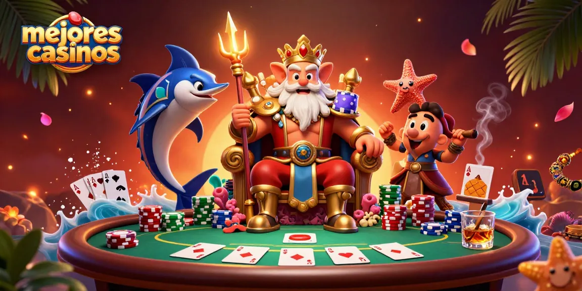 Experimenta los mejores casinos con un rey del mar rodeado de elementos de póker.