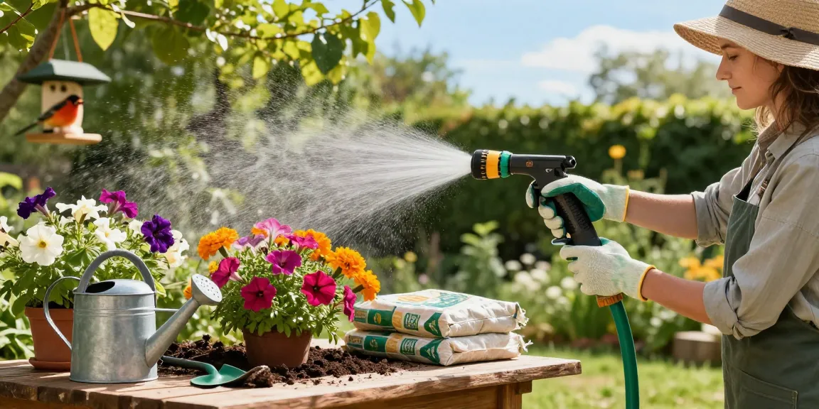 Person using the best hose nozzle to water vibrant flowers in a colorful garden setting.