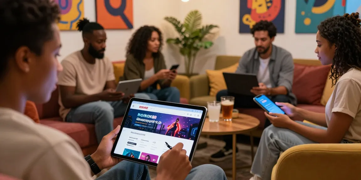 Vibrant scene of users engaging with rokok88 daftar on modern devices in a relaxed entertainment lounge.