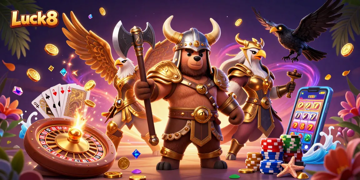Luck8's vibrant 3D casino scene showcases a Viking berserker, Valkyrie eagle, and treasures cascading.