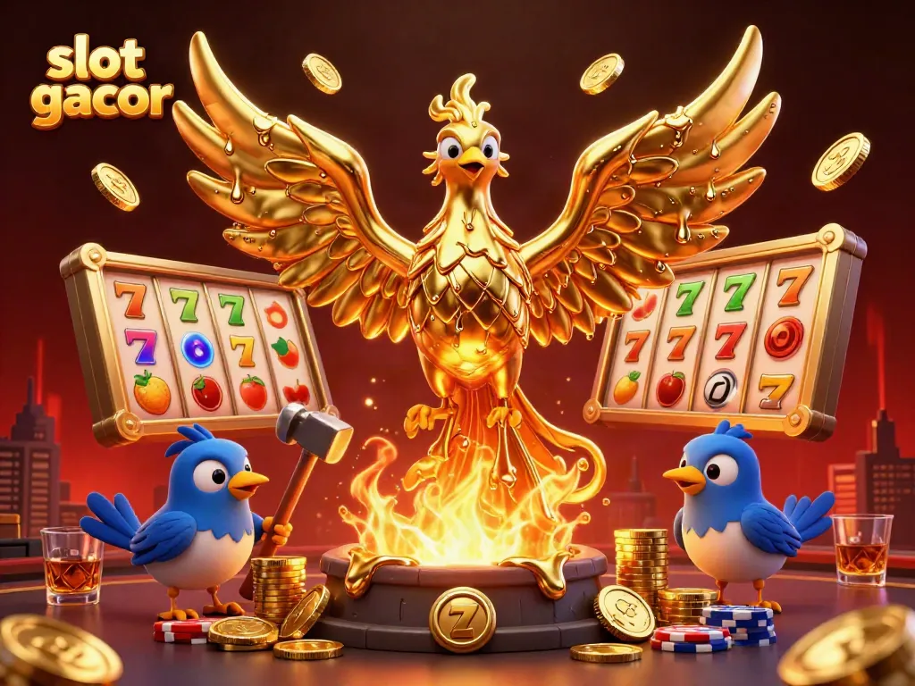 Experience the excitement of slot gacor with golden phoenix and vibrant slot reels surrounded by casino elements.