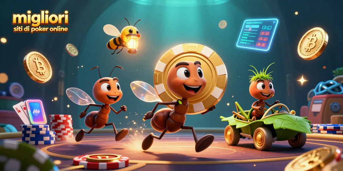 Scopri i migliori siti di poker online con una scena vivace di formiche che trasportano una chip dorata, circondate da elementi di gioco.