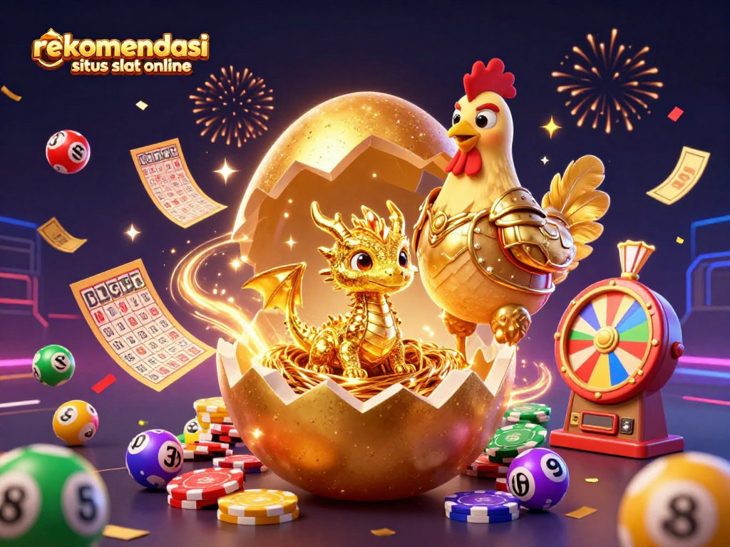 Rekomendasi situs slot online dengan ilustrasi 3D menampilkan naga emas yang terlahir dari telur, dikelilingi bola lotere berwarna.