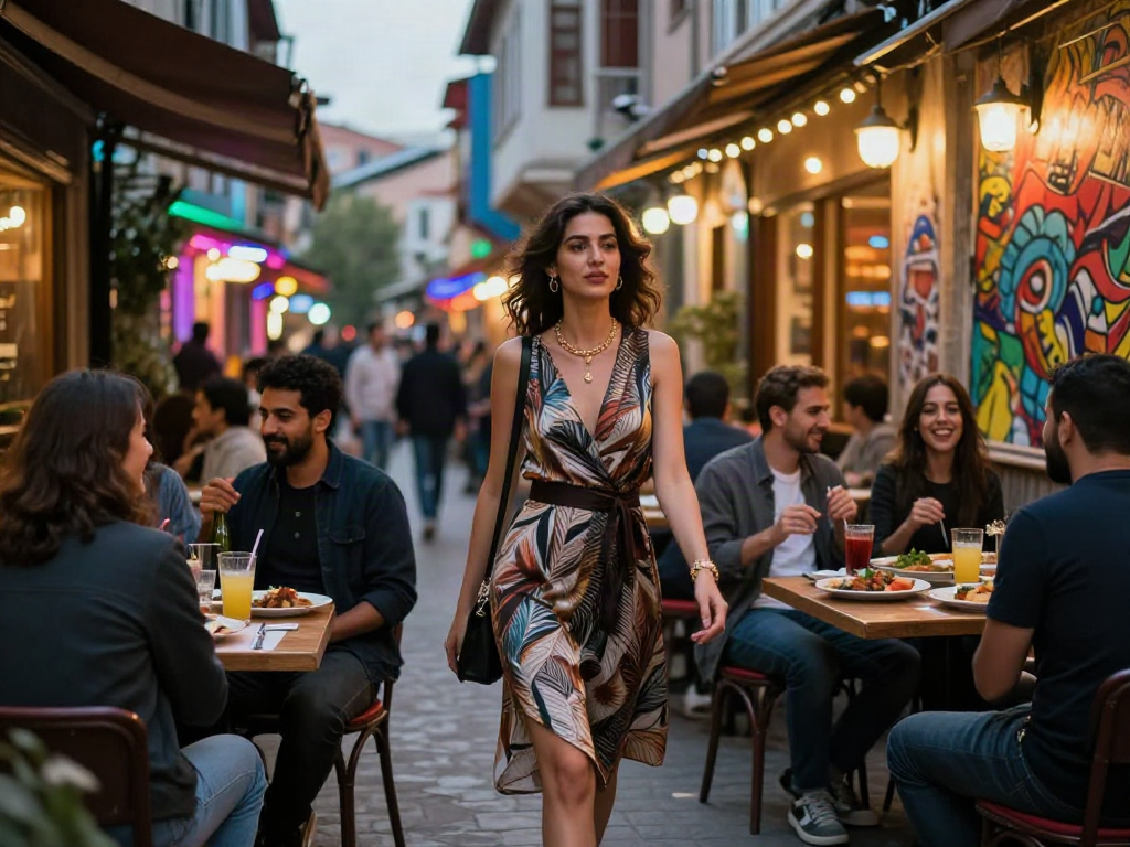 diyarbakır escort ile şık bir kadın, canlı şehir ışıkları ve sokak sanatı arasında yürüyüş yapıyor.