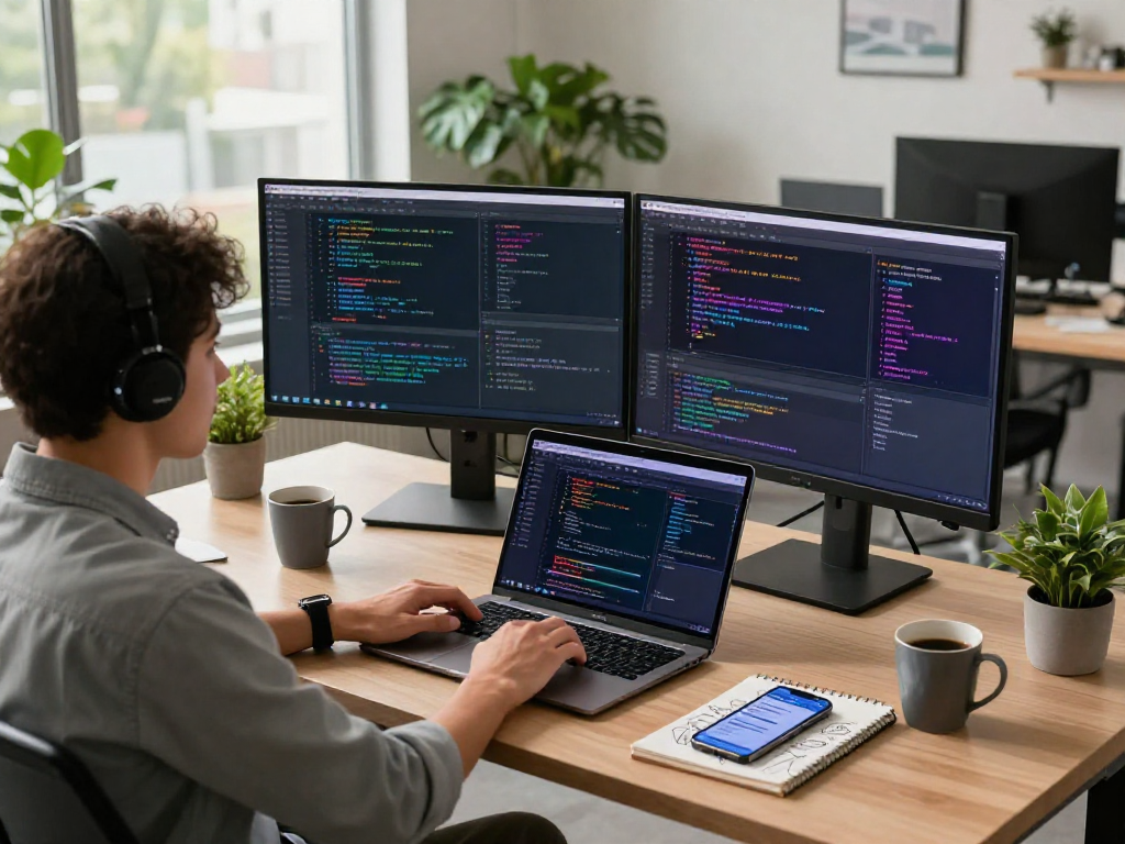 Engaged developer coding AI gf applications in modern tech workspace.