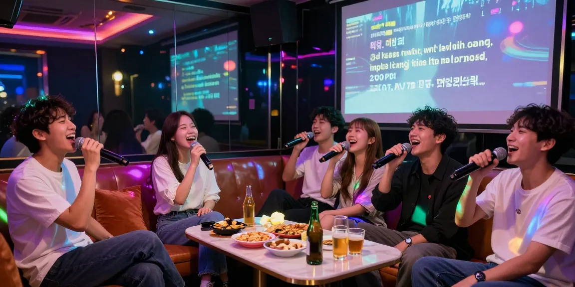 A lively group singing in a 강남노래방, surrounded by vibrant lights and tasty snacks, capturing the essence of karaoke fun.