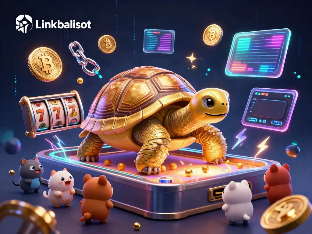 Play exciting games at Link balislot with vibrant golden tortoise and neon coins.
