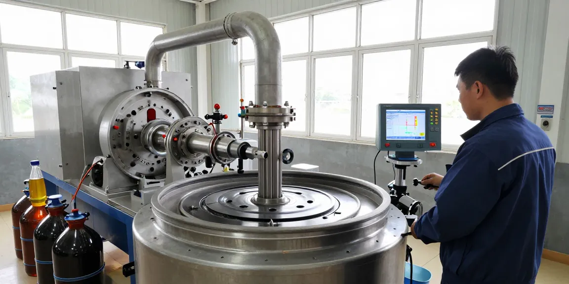 Technician monitoring oil centrifuge performance in a modern industrial setting.