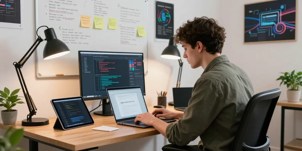 Dynamic workspace with telegraimin.com displayed on laptop, showcasing an innovative tech environment.