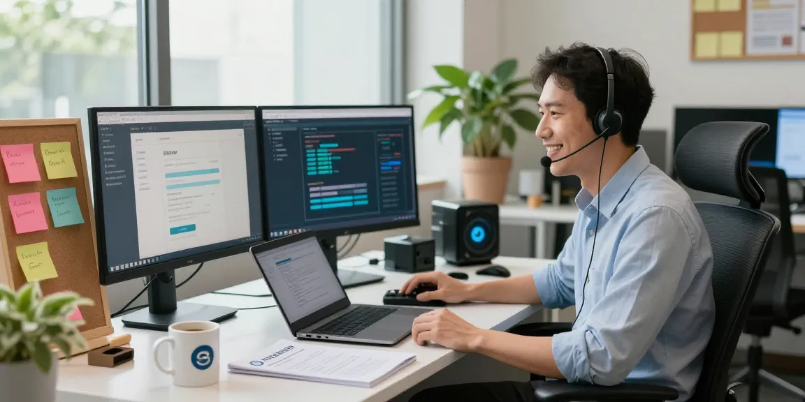 Telus-Technical-Support representative assisting a client in a modern office setup with tech support software.